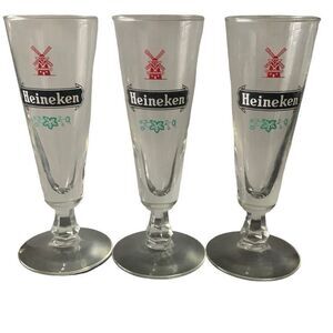 Vintage Heineken Fluted Pilsner Beer Glass Bier Lot of 3 Red Windmill Pilsner